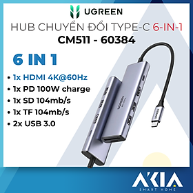 Hub Ugreen USB Type C 6 in 1 CM511 - Có cổng HDMI, SD / TF, USB 3.0 - Mã 60383 / 60384 - Hàng chính hãng - 60384