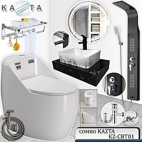 Mua Combo Thiết Bị Nhà Tắm Cao Cấp KAZTA KZ-CBT01: Bồn Cầu Trứng Nắp Êm-Lavabo Đặt Bàn Đá-Sen Tắm Đứng Nóng Lạnh-Kèm Bộ Phụ Kiện Nhà Tắm