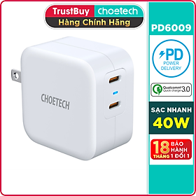 Mua Adapter Củ Sạc 40W 2 Cổng Type C PD 3.0 CHOETECH PD6009 Sạc Nhanh Cho iPhone  iPad  Samsung  Oppo  Xiaomi - Hàng Chính Hãng