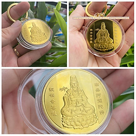 Lì xì tết 2023 Móc khóa Xu Quan Âm Và Con Cá Lưu Niệm Mạ Vàng, Kèm Hộp Bảo Quản CTMSC000078