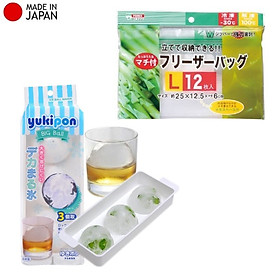 Combo khay làm đá Yukipon tròn 3 viên + set 20-16-12 chiếc túi zip đựng thực phẩm - made in Japan