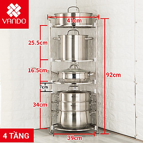 Kệ nhà bếp hình tròn 4 tầng INOX 304 cao cấp đựng xoong nồi, kệ để đồ đa năng tiết kiệm không gian bếp VANDO