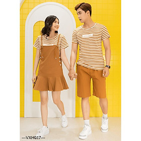Đồ đôi nam nữ ️️ set áo cặp kẻ sọc kèm yếm và quần short kaki AT30