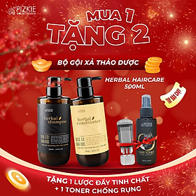 COMBO Dầu Gội - Dầu Xả Thảo Dược PIZKIE 500ML HERBAL SHAMPOO & HERBAL_CONDITIONER  Phục Hồi Nuôi Dưỡng Bảo Vệ Da Đầu