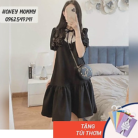 Váy Bầu Cổ Bèo Thắt Nơ Dáng Suông Đuôi Cá Ngắn Tay HD2631 Honey Mommy Đầm