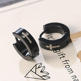 Bông tai nam titan khoen tròn khắc hình chữ thập