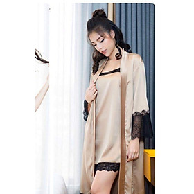 Hantu Sleepwear -Set váy ngủ lụa kèm áo choàng phối ren cao cấp-Màu Nude phối ren đen