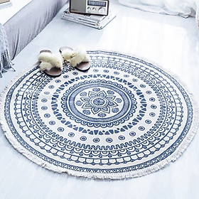 Mua Thảm Tròn Cotton Tua Rua Thổ Cẩm Phong Cách Bắc Âu - Hoa văn xanh