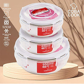 Bộ 3 hộp thủy tinh COBA'COOK  trữ thực phẩm hình tròn chịu nhiệt 1 hộp 950ml 2 hộp 620ml COBA'COOK - CCR9R63