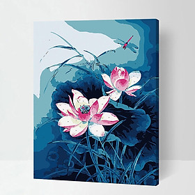 Tranh số hoá tự tô đã căng khung phật giáo, 2 bông sen, tranh tự tô kích thước 40*50