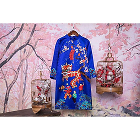 Áo dài cách tân bé trai cao cấp ADBT006 pháo bánh lân xanh