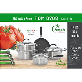 Bộ Nồi Chảo Tomate Inox 304 – 8 Món TOM 0708 - 5 lớp đáy - nồi từ - nắp kính