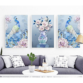 Decal dán tường trang trí phòng ngủ bộ 3 tranh đôi chim công bên hoa Mẫu Đơn Tipo_0264