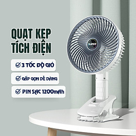 Mua Quạt Kẹp Bàn Tích Điện SUPER Tiện Dụng 3 Cấp Độ Gió Quạt Tích Điện Để Bàn Siêu Mát Có