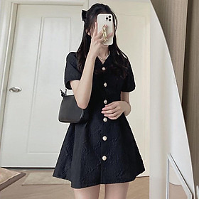 Váy Xòe Nữ Cúc Ngọc Vải Gấm Xốp Hở Lưng Cộc Tay Khuy Cài 2 Màu Siêu Xinh