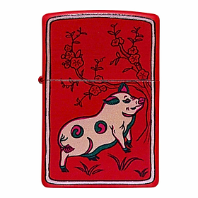 Bật lửa Zippo Year of the Pig - Phiên Bản 12 Con Giáp (Tuổi Hợi) Thiết Kế Việt Nam, Sơn Tĩnh Điện Đỏ May Mắn Chính Hãng
