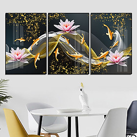 Mua Tranh Canvas Treo Tường Hiện Đại _ Tranh Bộ 3 Đàn Cá Bơi Lượn Cùng Hoa Sen