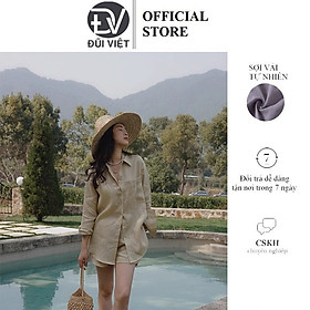 Bộ sơ mi nữ màu be nhẹ nhàng phong cách vintage Hàn Quốc, chất linen mềm mát Đũi Việt DV05