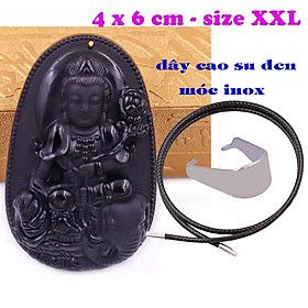 Mặt Phật Phổ hiền đá thạch anh đen 6 cm kèm vòng cổ dây cao su đen - mặt dây chuyền size lớn - XXL, Mặt Phật bản mệnh