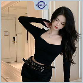 Áo croptop cổ vuông tay dài vạt bầu nhún eo OZENKA , ao crt loptop ôm body cotton màu đen trắng dưới 55 cân