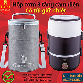 Hộp cơm giữ nhiệt văn phòng cao cấp Inox 3 tầng - Bộ hộp cơm cắm điện có chức năng hâm nóng và giữ nhiệt - Hàng chính hãng D Danido