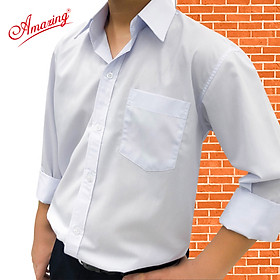 Áo sơ mi nam màu trắng, tay dài, đồng phục học sinh các cấp, size từ 20-95kg, form suông, vạt bầu, thương hiệu Amazing