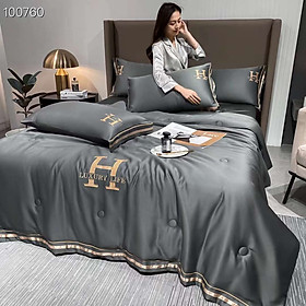 Bộ Chăn Ga Gối Nệm Đệm 5 Món Phi Lụa Chữ H Luxury Cao Cấp Bo Chun Drap Giường Chăn Chần Bông