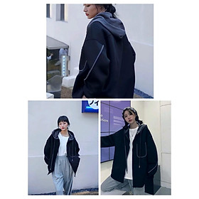 Áo Khoác Nỉ Bóng Unisex Túi Trước Mũ Phối Màu Dáng Thụng Màu Đen Basic