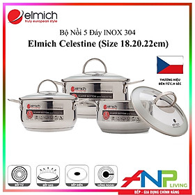 Bộ Nồi 5 đáy Inox 304 Elmich Celestine EL-3978 (Size 18,20,22cm) - Hàng Chính Hãng