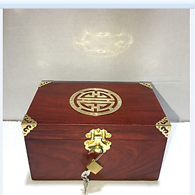 Hộp đựng trang sức - hộp đựng con dấu mặt chữ thọ vàng bằng gỗ hương size 19cm - kèm khóa mini