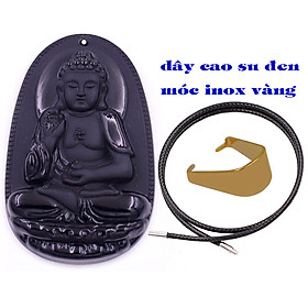 Mặt dây chuyền Phật A di đà đá đen 3.6 cm kèm móc inox vàng và vòng cổ dây cao su đen, Mặt Phật bản mệnh