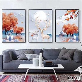 Mua Tranh treo tường canvas 3 bức phong cách hiện đại Bắc Âu 214  tranh hươu trang trí phòng khách  phòng ngủ  phòng ăn  spa