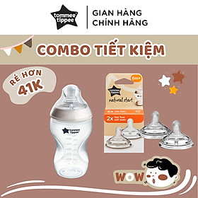 COMBO Bình Sữa Ty Siêu Mềm Tự Nhiên Tommee Tippee Natural Start 340ml & Núm Ty Silicon Thay Thế 6M+