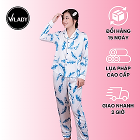 Hình ảnh Đồ bộ pyjama nữ, đồ mặc nhà VILADY - B115 kiểu tay dài quần dài họa tiết lá xanh, chất liệu lụa Pháp ( lụa latin) siêu mát