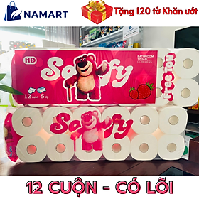 [Tặng 120 tờ khăn ướt] Giấy vệ sinh comfy Sofy Gấu Dâu Hồng 12 cuộn 4 lớp, 1.9Kg