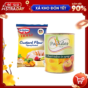 COMBO 1 Hộp Bột Làm Bánh Custard Dr. Oetker 300g + 1 Lon Đào Ngâm Đường Pavlides 820g