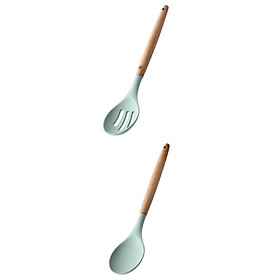 2 Pcs Silicone Cooking Spoon Colander Spoon Light Green with Wooden Handle