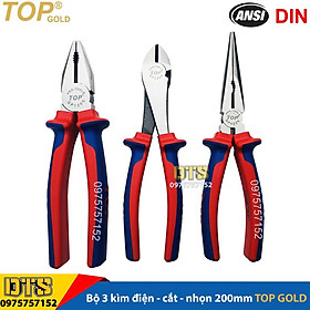 Bộ 3 kìm điện - cắt - nhọn trợ lực chuyên nghiệp TOP GOLD 200mm, thép Hi