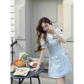 Đầm váy bố tiểu thư xanh sữa cổ bèo cột nơ tay phồng dáng suông nút bọc đi học sinh viên bigsize công sở dạo phố đi biển