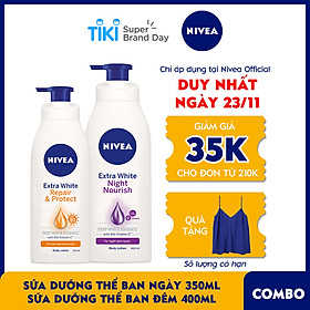Bộ đôi Sữa Dưỡng Thể NIVEA Dưỡng Trắng Ban Ngày Giúp Phục Hồi & Chống Nắng SPF30 (350ml) - 88311 & Sữa Dưỡng Thể NIVEA Dưỡng Trắng Ban Đêm Giúp Phục Hồi & Săn Da (400ml) – 88126 - Tặng Áo Thun Hai Dây