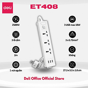 Ổ Cắm Điện Đa Năng DELI Sạc Nhanh TypeC USB PD20W 2-12 Ổ Vuông Dẹt Chịu Tải 2500W, Cầu Chì Tự Ngắt