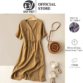 Váy sơ mi dáng suông cổ V,Đầm sơ mi đũi túi ngực kèm dây thắt eo,phong cách mùa hè Hàn Quốc thương hiệu chính hãng Đũi Việt Dv72
