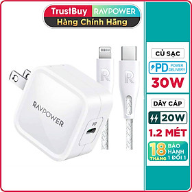 Mua Bộ Củ Sạc Dành Cho iPhone  iPad GaN Nhỏ Gọn RAVPower RP-PC120 30W Và Cáp Type C to Light.ning MFI C94 20W Dây Nylon Dài 1.2M RP-CB1004-W - Hàng Chính Hãng