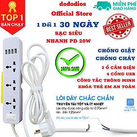 Mua Ổ cắm điện đa năng dododios có sạc nhanh PD 20W cổng USB + typeC  4-8 lỗ cắm tải 2500W an toàn chống giật  chịu nhiệt - Hàng chính hãng