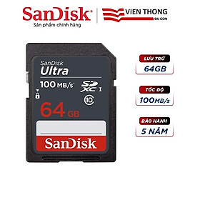 Thẻ nhớ SDXC Sandisk Ultra 64GB upto 100MB/s UHS-I (cho máy ảnh) - Hàng chính hãng