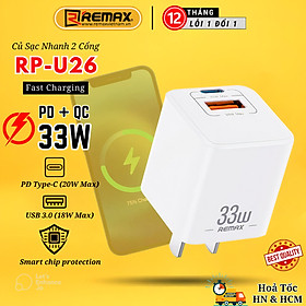 Mua Củ sạc nhanh 33w Remax U26 thiết kế 2 cổng sạc nhanh PD 33w và QC4.0 30w sạc đầy 60% pin cho 14 Pro Max trong 30 phút - Hàng Chính Hãng Remax