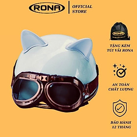 Mũ bảo hiểm xe máy nửa đầu Rona Luxury kèm kính phi công viền đồng, nón bảo hiểm có lỗ thông gió tặng kèm tai mèo