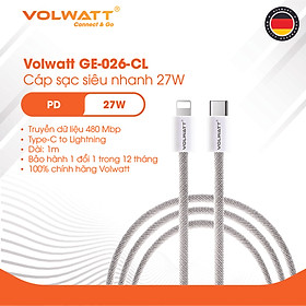 Mua Cáp sạc nhanh 27W Volwatt GE-026-CL hàng chính hãng | Cáp Type-C to L PD  thích hợp từ iP14 trở xuống - BH 12 tháng