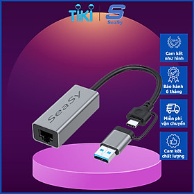 Cáp Chuyển Đổi 2 Đầu USB Type C Ra Mạng Lan RJ45 1000MbpsGigabit Ethernet SeaSy, Chuyển Đổi 2 Đầu USB Type C Ra Mạng Lan, Tích Hợp 3 Cổng USB 3.0, Tốc Độ Truy