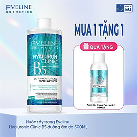 [ Tặng chai 100ml ] Nước tẩy trang Eveline Hyaluron Clinic B5 và tinh chất rau má 3 in 1 500ML